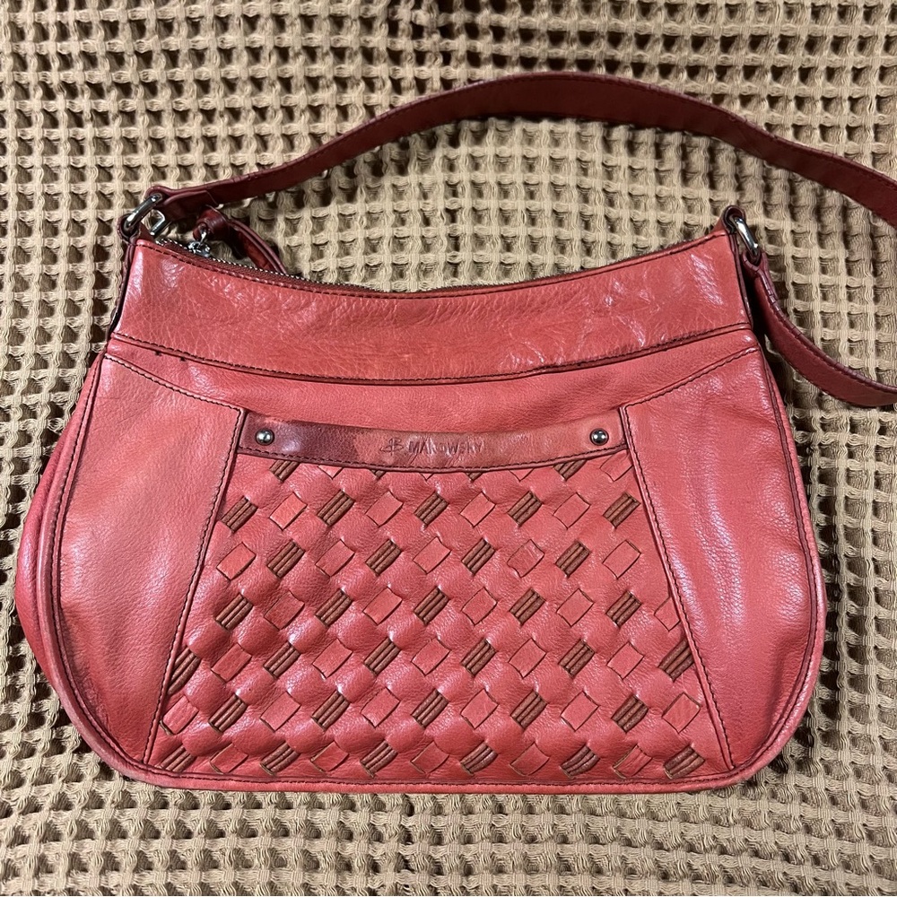 B. Makowsky | Red Woven Leather Shoulder Bag with Woven Design